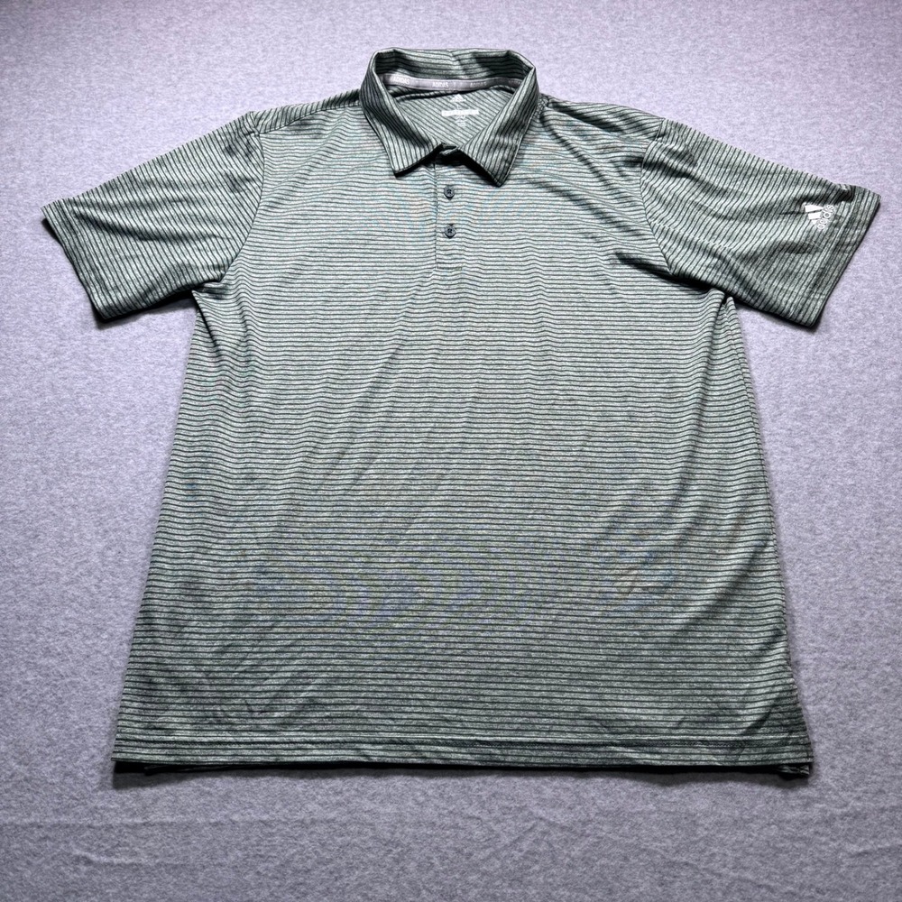 Adidas Golf Mens Large Green Gray Striped Short Sleeve Performance Polo Shirt